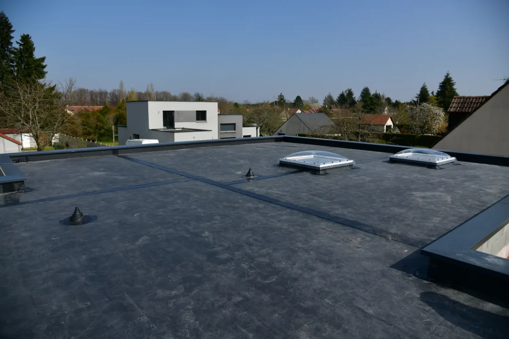 Flat EPDM roof with skylights and trees in the back