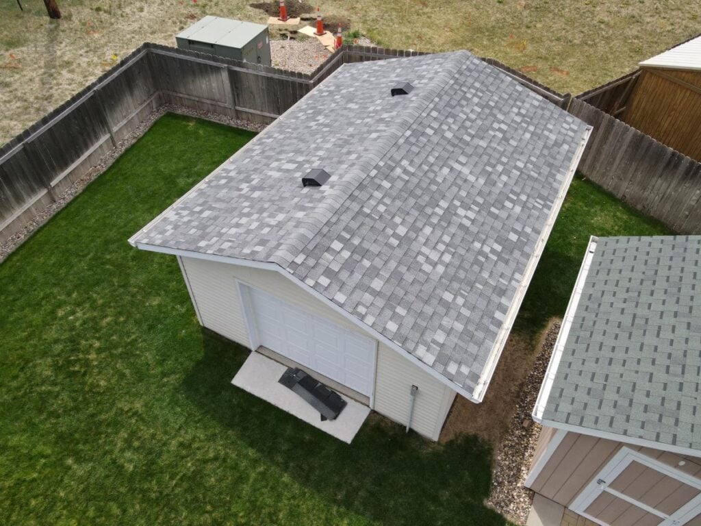 aerial view of asphalt shingle roof on a garage