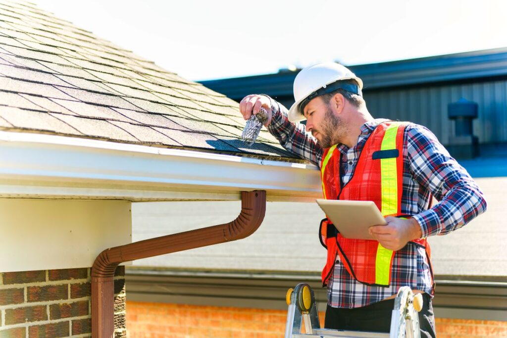 roof inspection services worker using white helmet and protection clothes